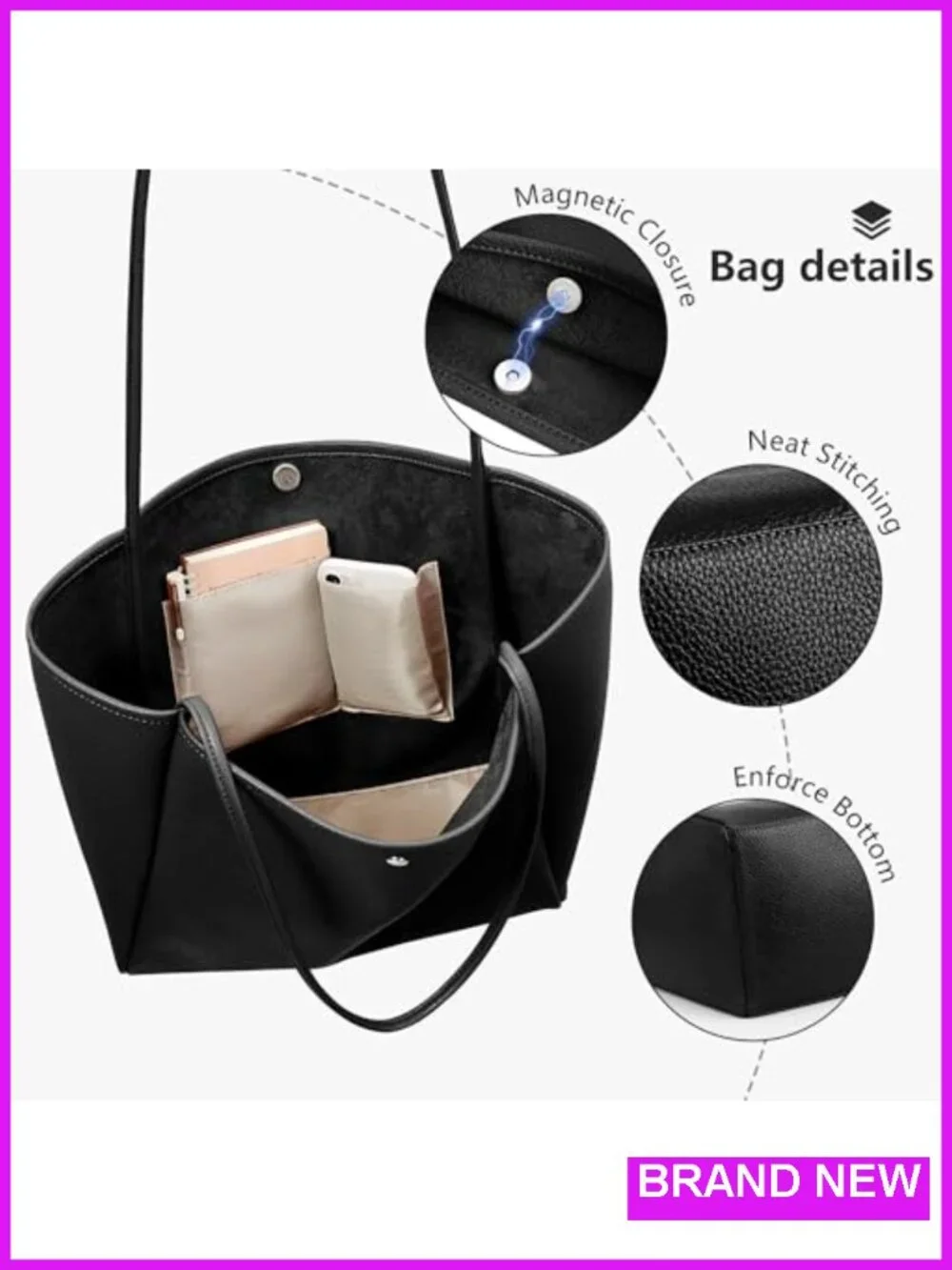 16L Vegan Leather Hobo Tote Bag with Faux Suede Lining, Magnetic Closure, Large